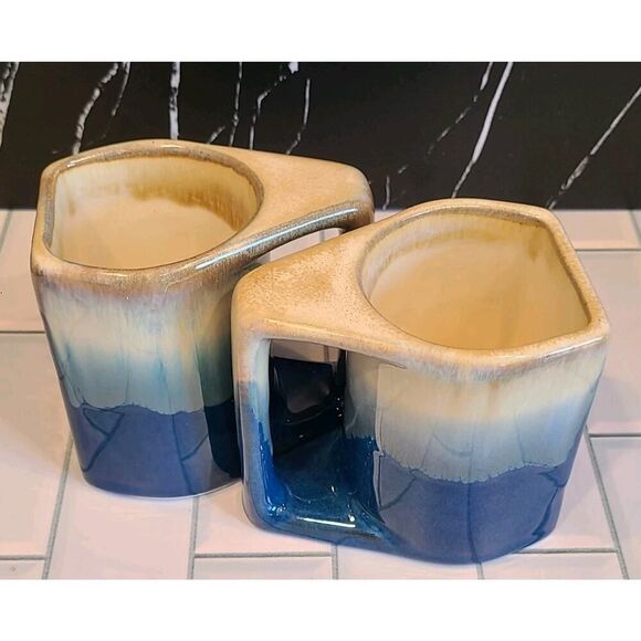 Padilla Set of (2) 4¼" Drip Glazed Blue/Beige Stoneware Mugs Unique Signed EUC - Picture 14 of 15